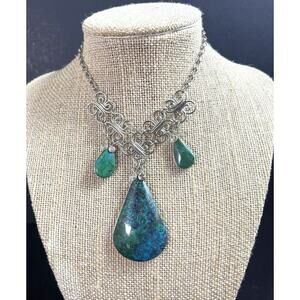Chrysocolla Semiprecious Stone & Alpaca Silver Handmade Necklace From Peru NEW